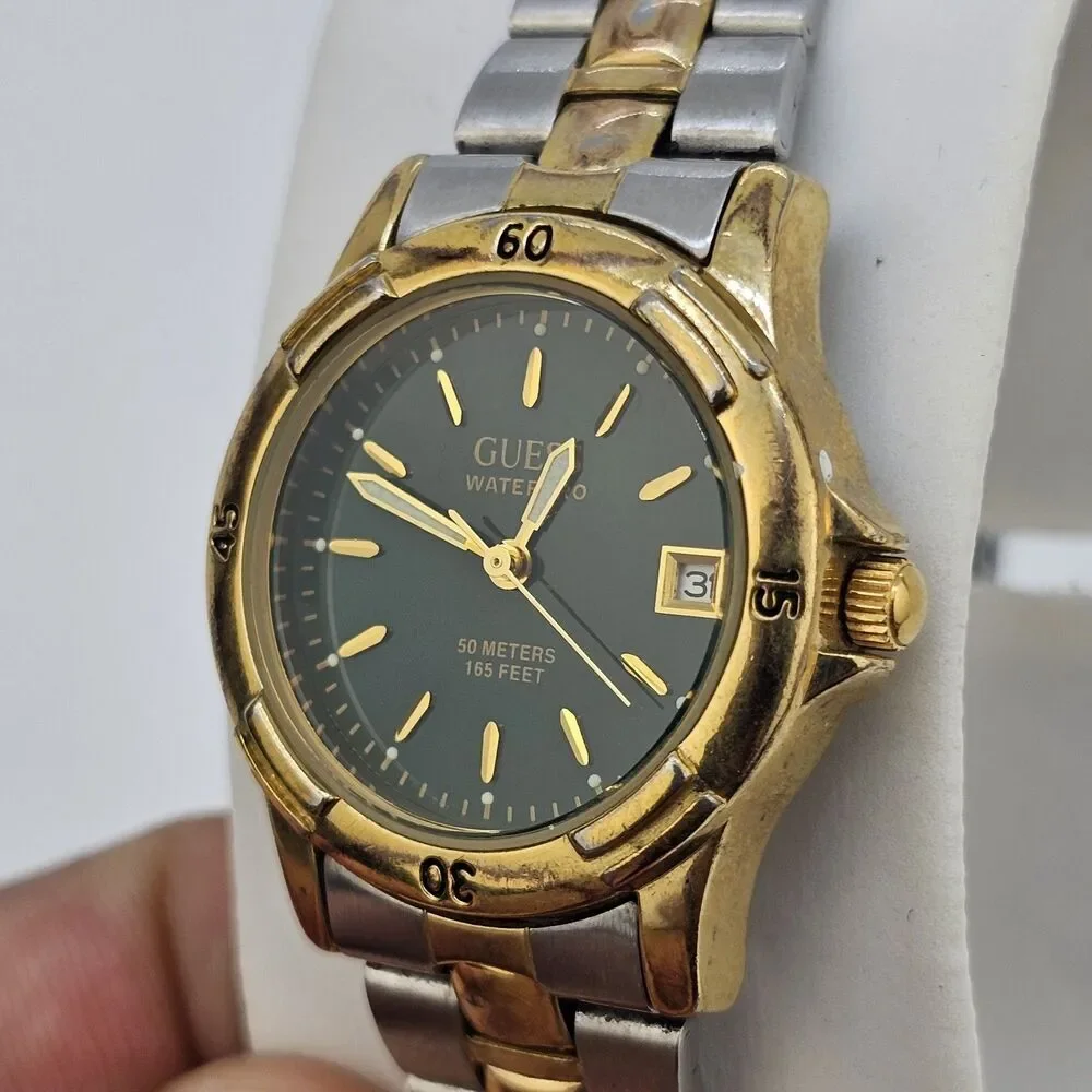 VTG Guess Women's Watch‎ 28MM Green Dial Date Two Tone Bracelet 6